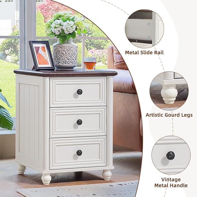 18" Farmhouse Night Stand Set of 2, White Wood Nightstand with 3 Drawers, Bedside End Table with Storage and Roman Column, Bed Side Tables Cabinet for Bedroom, Living Room, and Closet