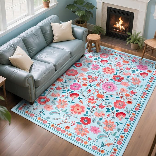 8x10 Area Rug for Living Room Clearance, Modern Washable Rug Non Slip Low Pile Floral Rugs for Living Room, Bedroom, Farmhouse, Dining Room, Kids Playroom, Blue