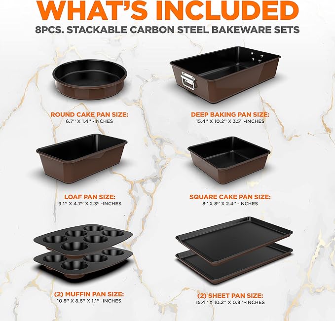 8-Piece Nonstick Stackable Bakeware Set - PFOA, PFOS, PTFE Free Baking Tray Set w/Non-Stick Coating, 450°F Oven Safe, Round Cake, Loaf, Muffin, Wide/Square Pans, Cookie Sheet (Brown)