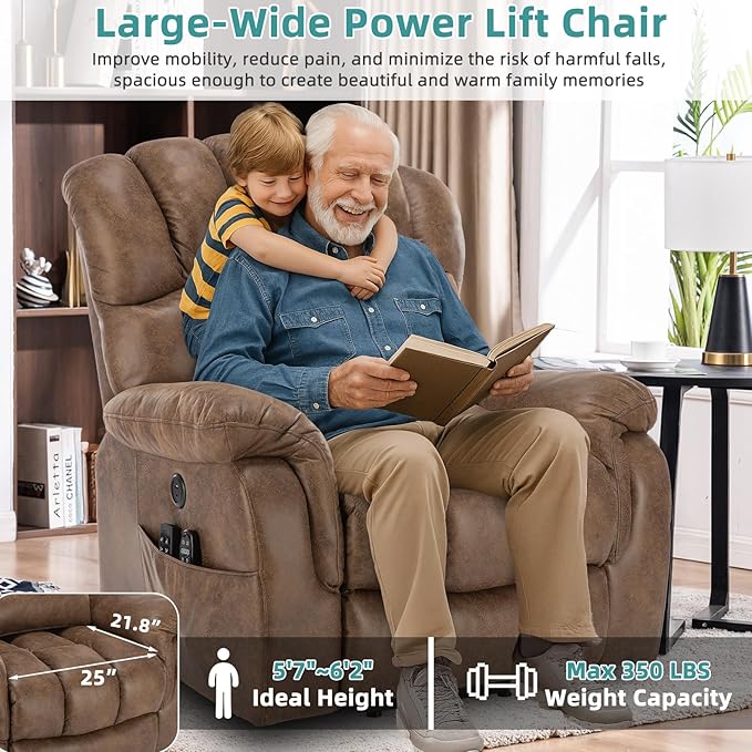 MEETWARM Oversized Dual Motor Power Lift Chair with Extended Footrest for Big Tall Elderly, Infinite Position Lay Flat Sleeper Electric Recliner, Heat Massage, Lumbar Pillow, USB & Type-C Ports, Brown