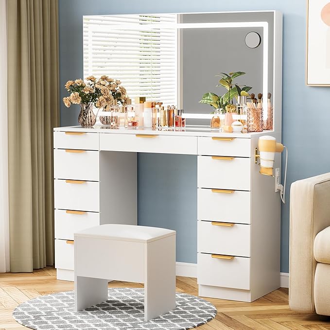 Pamapic Glass Top Vanity Desk with Mirror and Lights, 11 Drawers Makeup Vanity with Charging Station and Chair, Golden Handles Dressing Table, 3 Lighting Modes Makeup Table, White