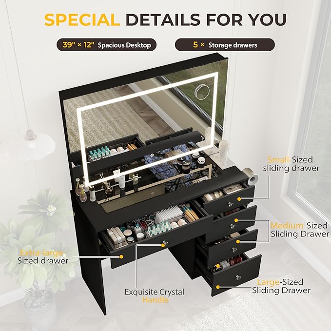 39" Vanity Desk with Mirror and Lights, 5 Drawers Makeup Vanity Desk with Tempered Glass top, 3 Lighting Modes Adjustable Brightness, Black Vanity with Magnetic 5X Magnifier for Bedroom