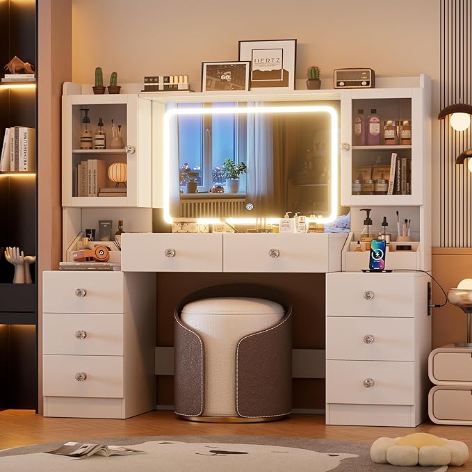PAKASEPT 55.1" Large Vanity Desk with Mirror and Lights, Makeup Vanity with Power Outlet and 8 Drawers, 3 Lighting Modes Adjustable Vanity Table for Girl Women(White)