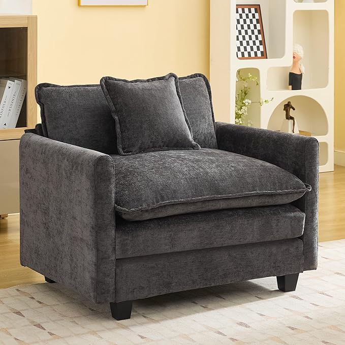 41'' Modern Chenille Oversized Chair, Upholstered Accent Living Room Chair with Extra Thicked Deep Seat, Single Lounge Chair for Bedroom, Small Apartment, Dark Grey