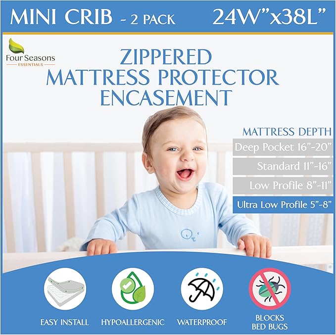 2 Pack Mini Crib Mattress Protector Waterproof Zippered Encasement Cover for Baby, Toddler (Mini Crib Size - 24x38x6)