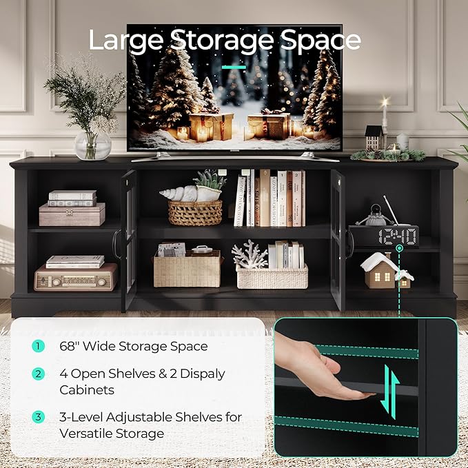 LINSY HOME TV Stand for 75 Inch TV, 68" Entertainment Center with LED Lights and Glass Door Storage Cabinet, Modern Farmhouse TV Media Console Table for Living Room, Black