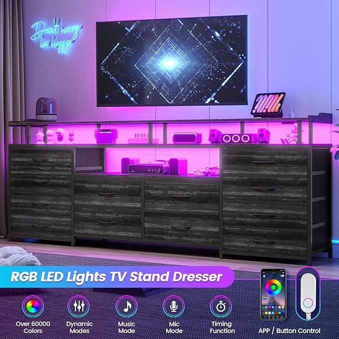 12 Drawers TV Stand Dresser for 65/70 inch TV, Entertainment Center with LED Lights & Power Outlets, 63" Large LED TV Stand, TV Console for Bedroom