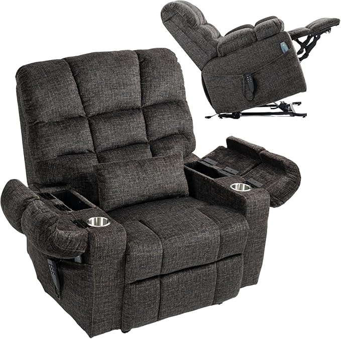 3-Motor Lift Chair with Adjustable Seat Height Zero Gravity Lay Flat Recliner with Heat Massage - Flip Arm Storage Cup Holders - Power Lift Recliner for Elderly – Big Tall 400 lbs (Dark Charcoal Grey)