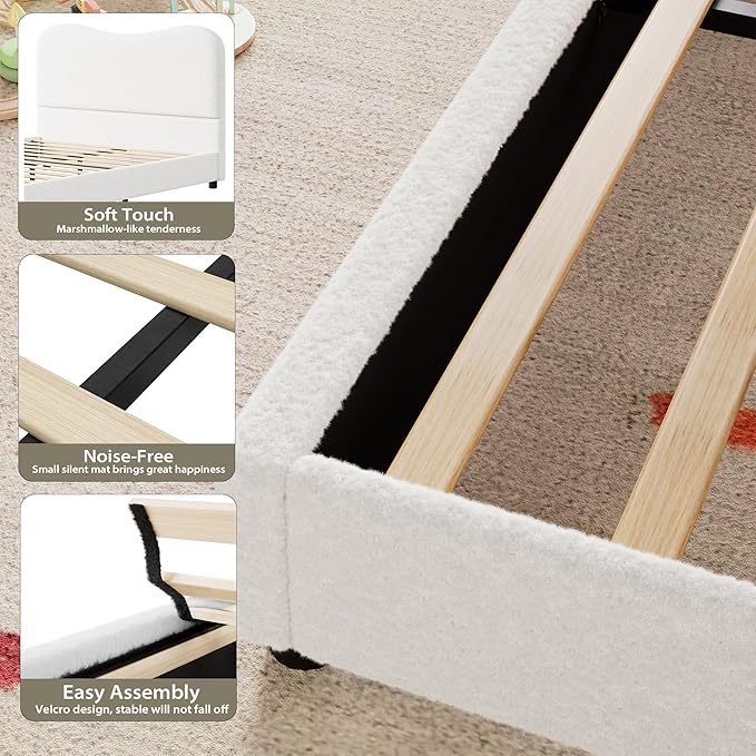 GarveeHome Upholstered Queen Bed Frame with Headboard, Upholstered Velvet Low Profile Platform Bed, No Box Spring Needed, Strong Wooden Slats, Noise Free, Easy Assembly, White