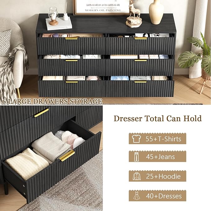 CARPETNAL Fluted 6 Double Drawers Dresser for Bedroom, 55”Wide Modern Chest of Drawers with Deep Drawers,Curved Profile Design, Wood Drawer Organizer for Living Room, Hallway, Black