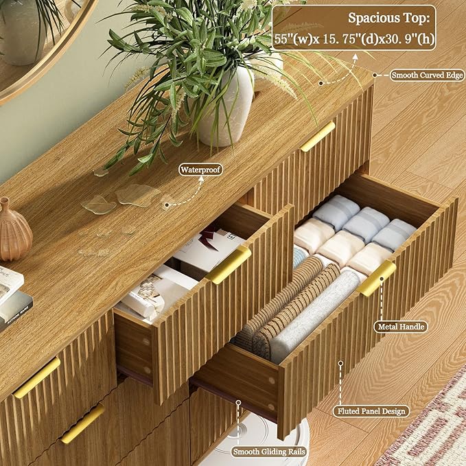CARPETNAL Fluted 7 Double Drawers Dresser for Bedroom, 55”Wide Modern Chest of Drawers with Deep Drawers,Curved Profile Design, Wood Drawer Organizer for Living Room, Natural Oak