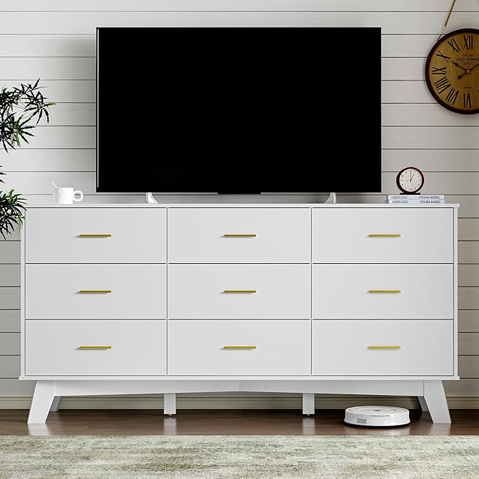 Dresser for Bedroom with 9-Drawer, 59" Wide Modern Chest of Drawers with Metal Handles, X-Shape Base & Adjustable Center Leg, Anti-Tip Closet Organizers and Storage