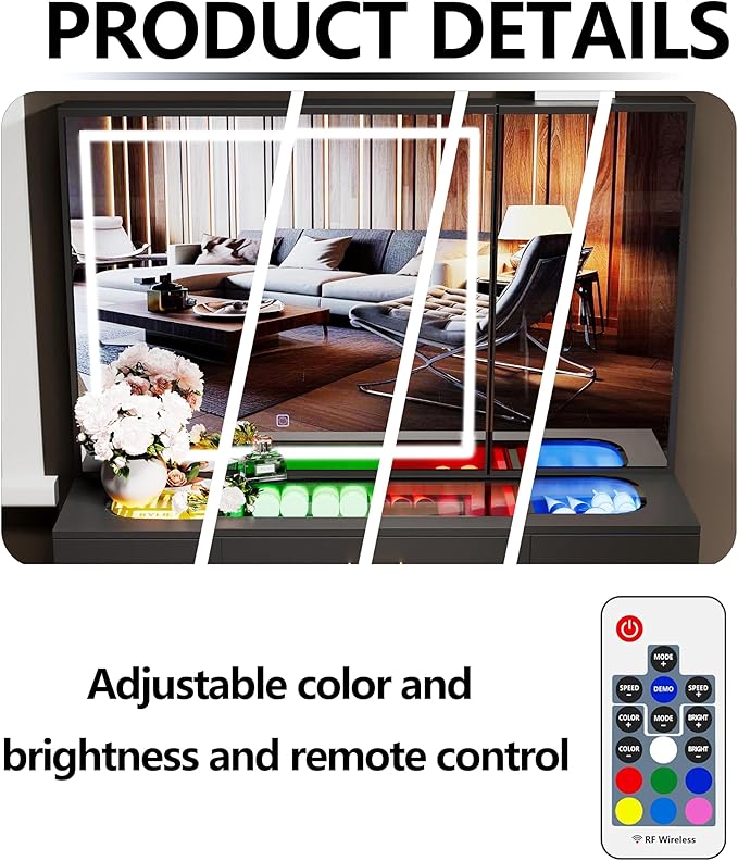 Vanity Desk with Mirror and Lights,Makeup Vanity Table with Glass Top and 7 Drawers&Cushioned Stool,Dressing Table with Drawers, Bedroom Makeup Desk for Women(Black-Glass top)