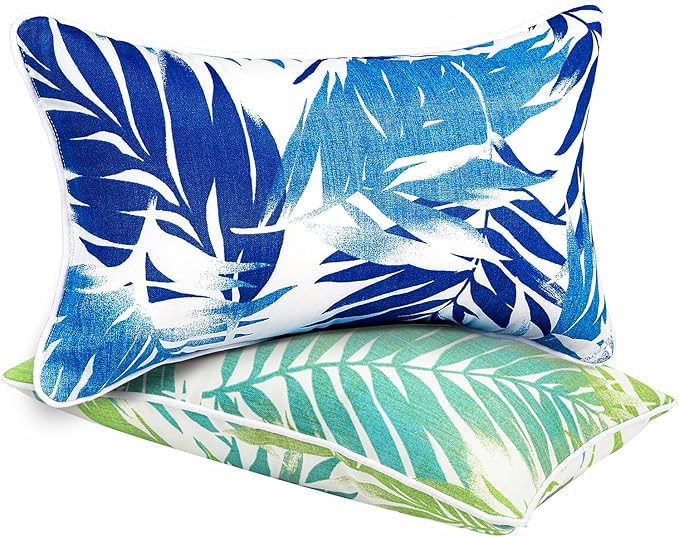 JMGBird 12×20 Inch Outdoor Lumbar Pillows Pack of 2 Colors Waterproof Throw Pillows with Insert Rectangular Decorative Garden Cushion for Home Furniture Patio Coach Sofa