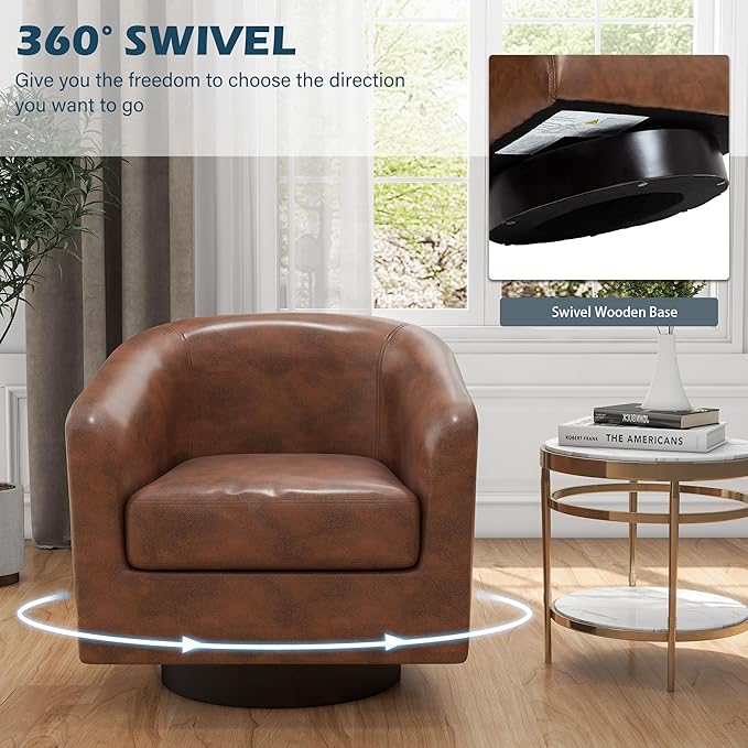 UIXE Swivel Accent Chairs Set of 2, PU Leather Barrel Club Chair Upholstered Armchair for Living Room, Round Arm Chair Bedroom Single Sofa Reading Seat - Coffee Brown