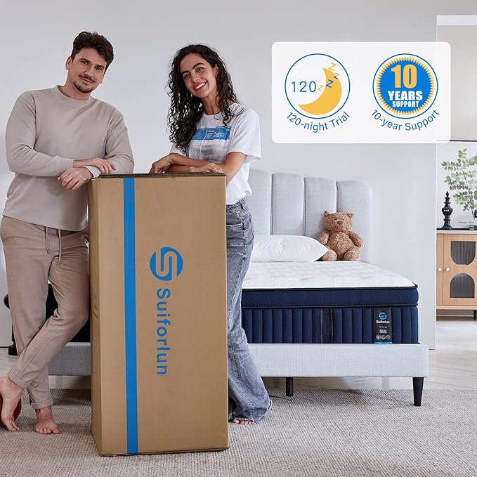 Suiforlun 14 Inch King Mattress with Ice Silk Cover, Euro Top Hybrid Gel Memory Foam with 7-Zone Individually Wrapped Coils, Medium Firm King Size Mattress for Pressure Relief