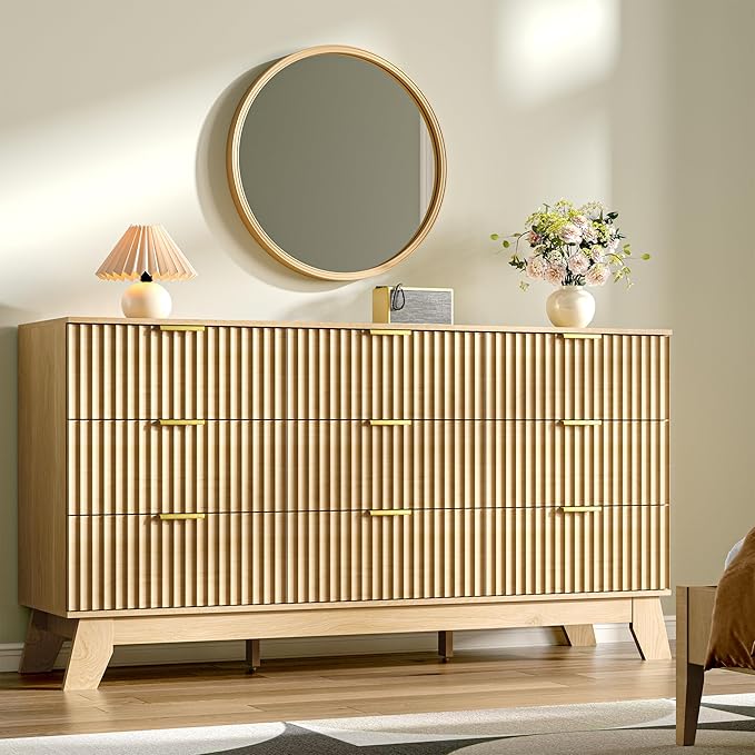 Fluted Dresser for Bedroom with 9 Drawers, 57" Mid Century Modern Dresser of Closet TV Stand, Nature Wood Dressers with Gold Handle, Boho Closet Wide Modern Chest of Drawers, Natural
