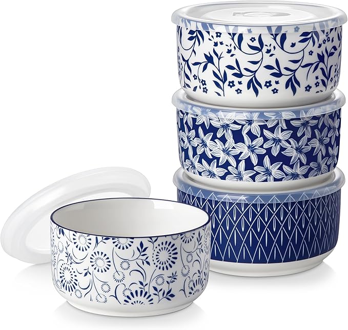 vancasso 36 Oz Mixing Bowls with Lids Set of 4,Ceramic Serving Bowls,Porcelain Bowls with Lids for Food Storage, Mixing Bowls for Kitchen, Microwave & Dishwasher Safe,Series SELENE (4PCS)