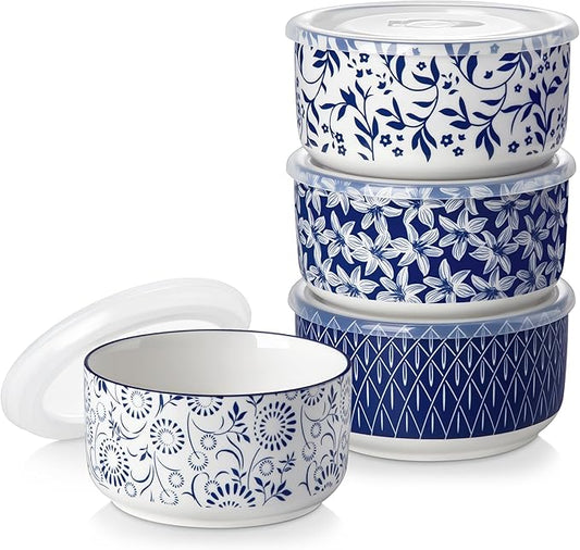 vancasso 36 Oz Mixing Bowls with Lids Set of 4,Ceramic Serving Bowls,Porcelain Bowls with Lids for Food Storage, Mixing Bowls for Kitchen, Microwave & Dishwasher Safe,Series SELENE (4PCS)