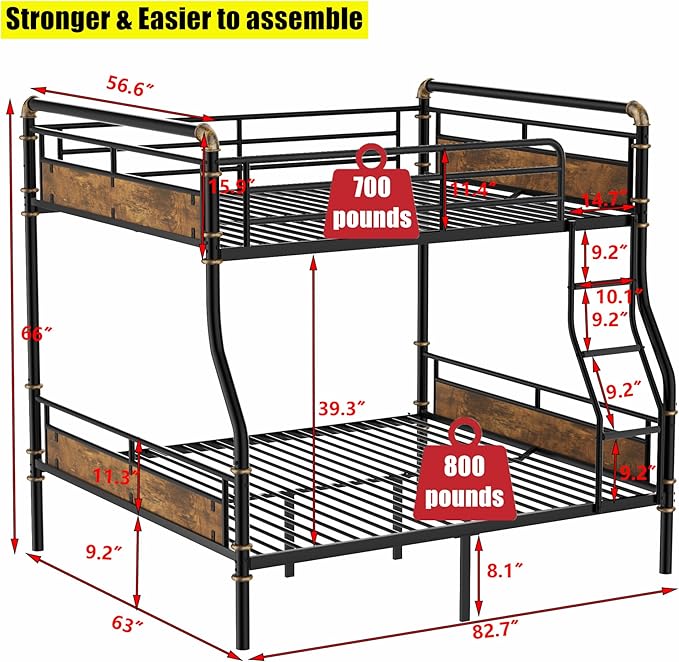 ULUCAN Reinforced Version & Stronger Convertible Steel Full XL Over Queen Size Bunk Bed Frame, Heavy Duty Thickened Safer More Stable Metal Bunkbeds (Full XL Over Queen)