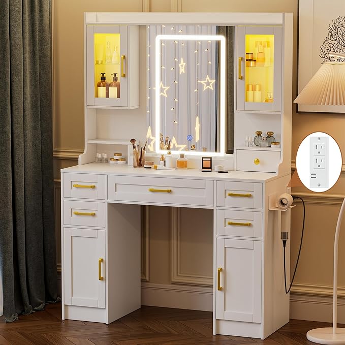 KAMABOKO Vanity Desk with Mirror & LED Lights & Power Outlet, Large Makeup Vanity Table with 6 Drawers and 4 Storage Cabinets, Dressing Table for Bedroom (White)