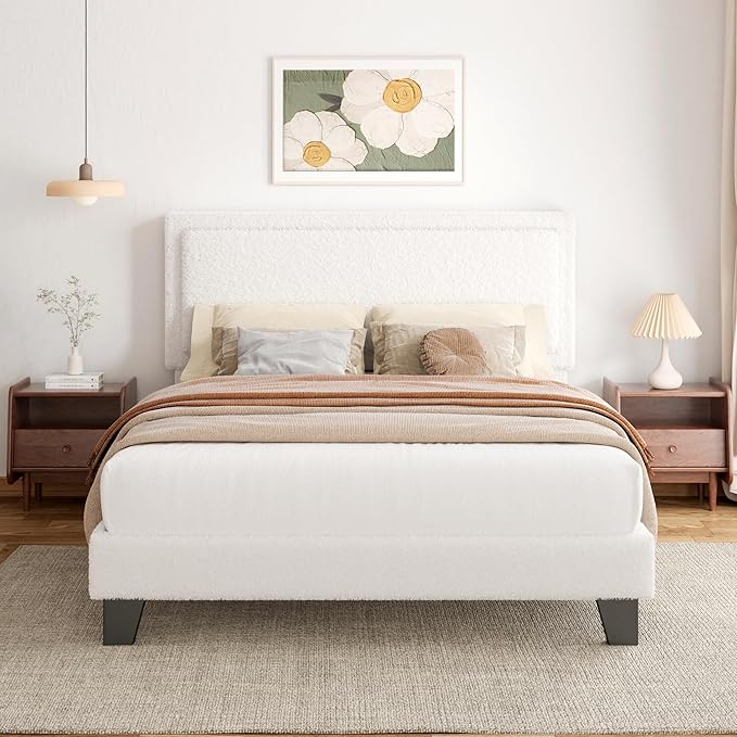 Full Size Boucle Bed Frame, Upholstered Platform Cloud Bed Frame with Headboard, Soft Teddy Fabric, Modern Style, No Box Spring Required, Easy Assembly, Beige