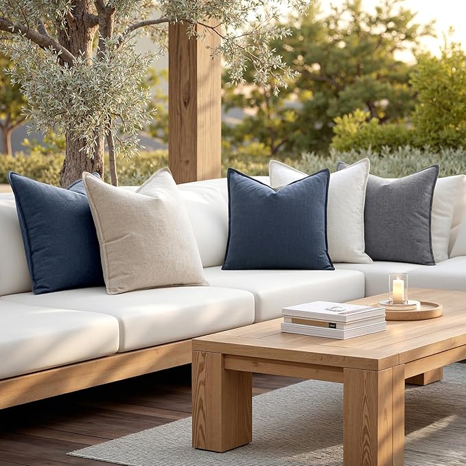 MIULEE Decorative Linen Pillow Covers 18x18 Inch Indigo Blue Boho FarmhouseNeutral Couch Throw Pillows for Bed Pack of 2 Accent Coastal Modern Pillowcase Summer Sofa Livingroom Home Decor