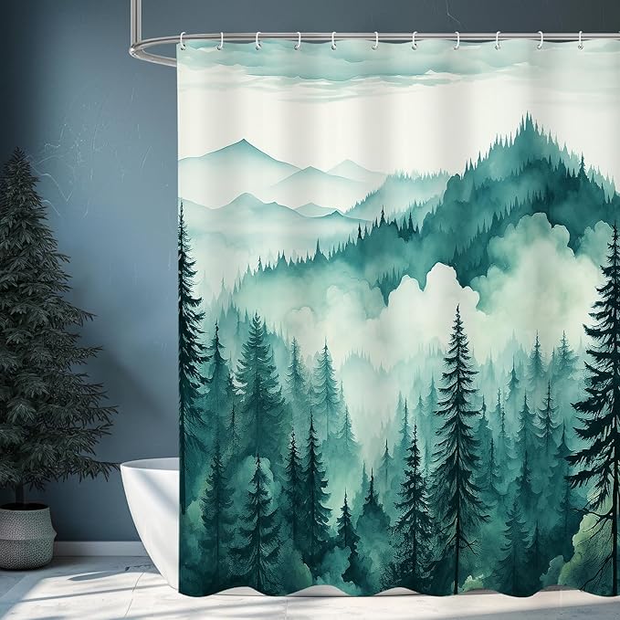 Teal Blue Extra Long Misty Pine Forest Shower Curtain 72 x 84, XL Mountain Foggy Woodland Scenery Tree Shower Curtains for Bathroom, Turquoise Abstract Waterproof Nature-Themed Decor