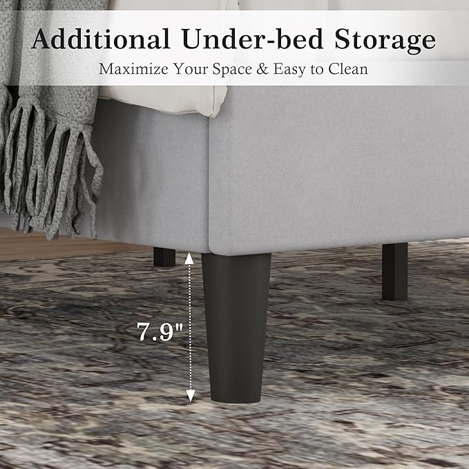 VECELO Queen Bed Frame with Upholstered Headboard, Heavy-Duty Platform Bedframe with Strong Wooden Slats Support, No Boxing Spring Needed, Light Grey