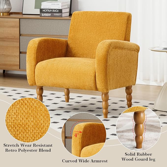 Accent Armchair Set of 2, Mid-Century Modern Living Room Chairs with Gourd-Like Shape Wooden Legs, Chenille Upholstered Single Sofa Reading Chair for Living Room Bedroom Guest Room,Yellow