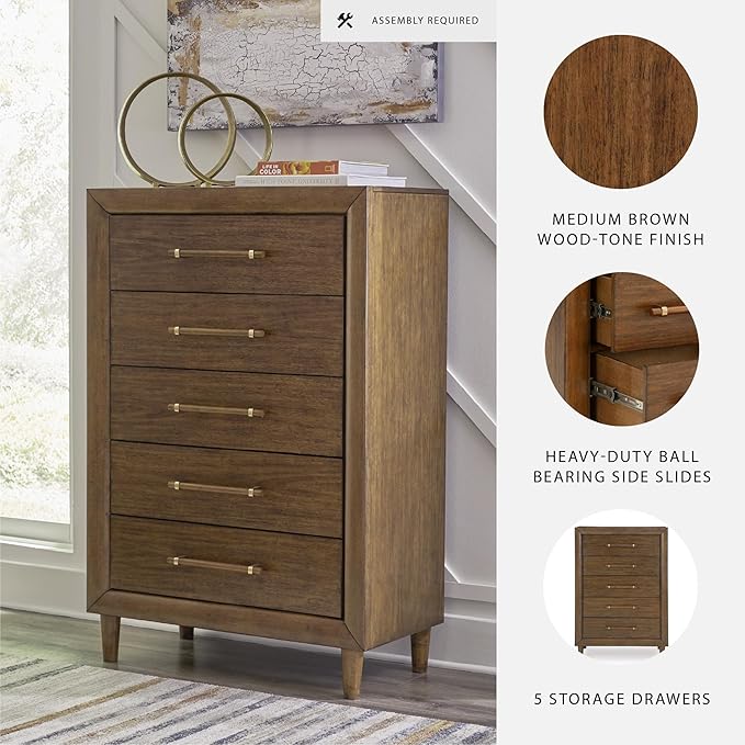 Signature Design by Ashley Lyncott Casual 5 Drawer Chest with Felt-Lined Top Drawer and Safety Stop for Bedroom, Dark Brown