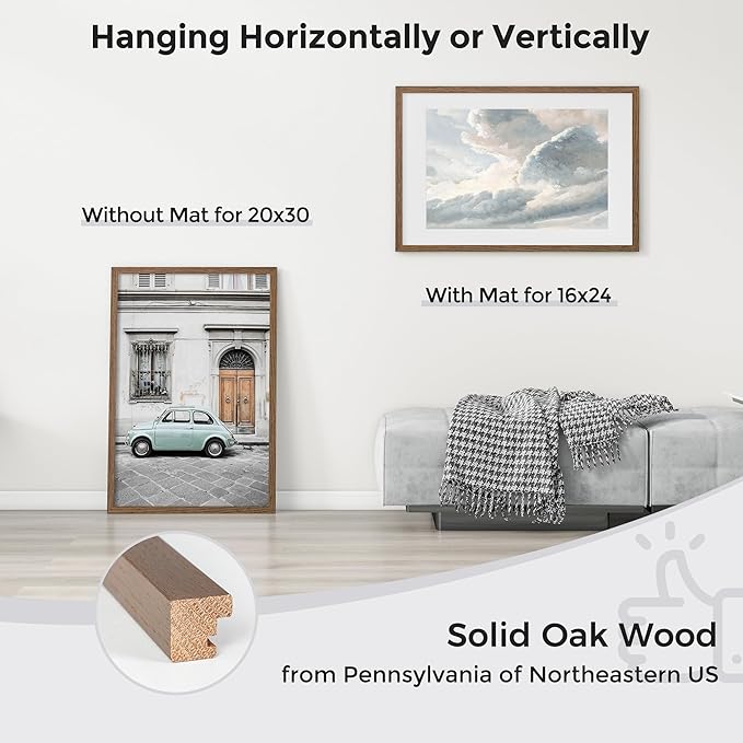 Axeman 20x30 Picture Frame with Mat for 16x24, Solid Oak Wood Poster Frame with Tempered Glass, Wooden 20''x30'' Minimalist Photo Frame with Wall Hooks Puzzle Frame for Art Photo and Prints, Walnut
