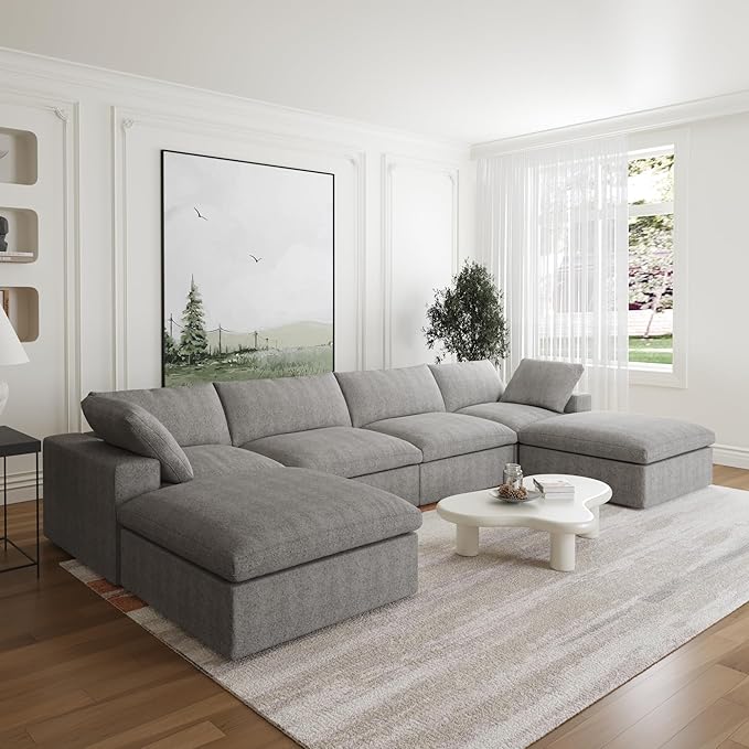 JACH U-Shaped Couches for Living Room, 6-Seats Modular Convertible Sectional Sofa Couch, Couch Cushion Covers Removable, Comfy Sofas with Chaise Ottomans for Apartment Bedroom Office (Grey)