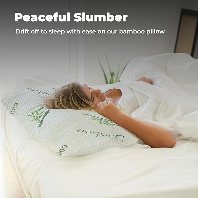 OMEO 2 Pack Queen Size Rayon Derived from Bamboo Pillow for Sleeping Shredded Memory Foam Bed Pillows for Side, Back and Stomach Sleepers, Soft, Cooling, Adjustable and Washable Cover 20" x 30"