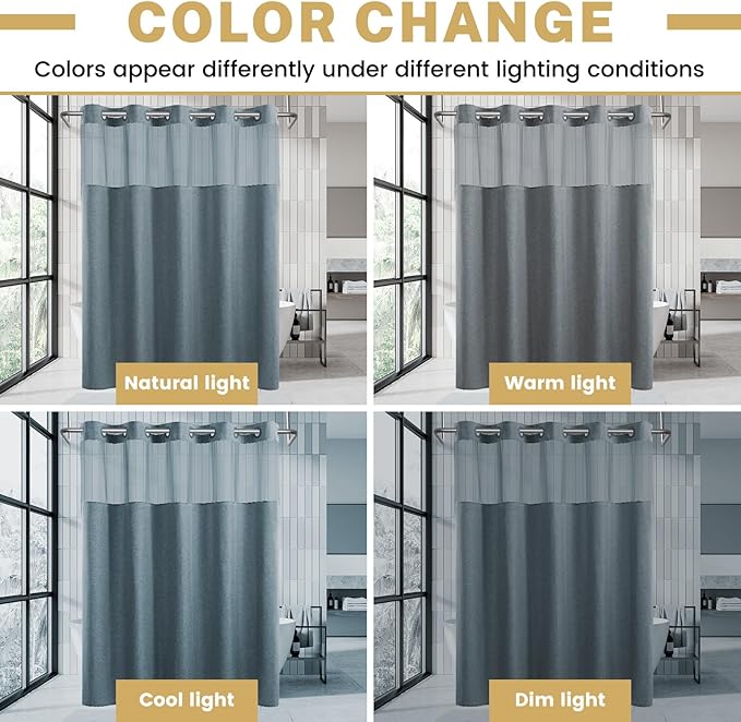 No Hook Shower Curtain with Snap in Liner, Polyester Textured Shower Curtain with Liner Set, Waterproof Washable Hotel Style Shower Curtains for Bathroom, 71Wx74H, Blue Grey