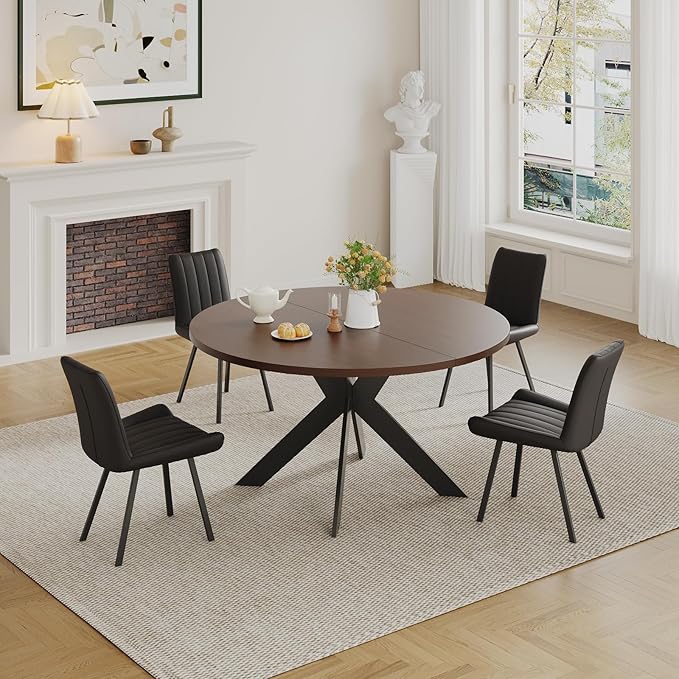 45.3" Walnut Round Dining Table Set with 4 Chairs – Mid-Century Modern Small-Space Kitchen & Dining Room Furniture for Apartment or Breakfast Nook (Walnut – Table + 4 Black Chairs)