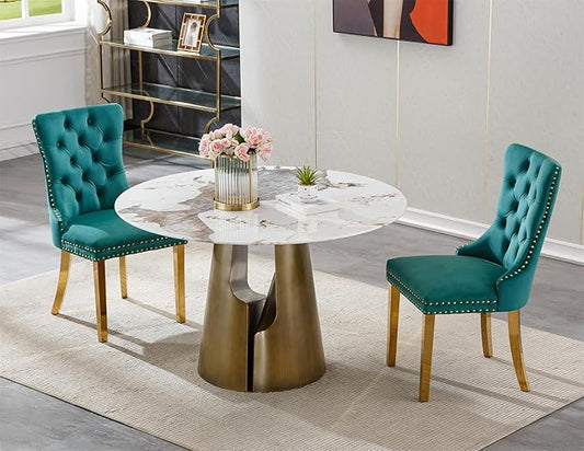 3-Piece Faux Marble Round Dining Table Set for 2, Modern Luxury Kitchen Table Set for 2 with Green Tufted Chairs,Circle Dining Tables with Pandora Grain Top and Bronze Pedestal Base