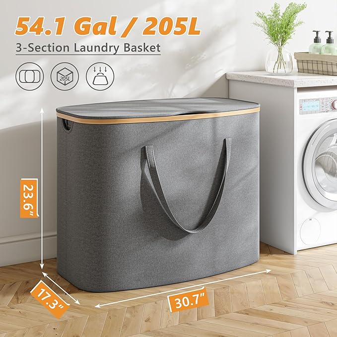 205L Laundry Hamper with Lid 3 Section, Extra Large Laundry Basket with 3 Removable Bags, 54GAL Laundry Basket Organizer for Bedroom, Laundry Room, Dorm,Clothes Hamper,Grey