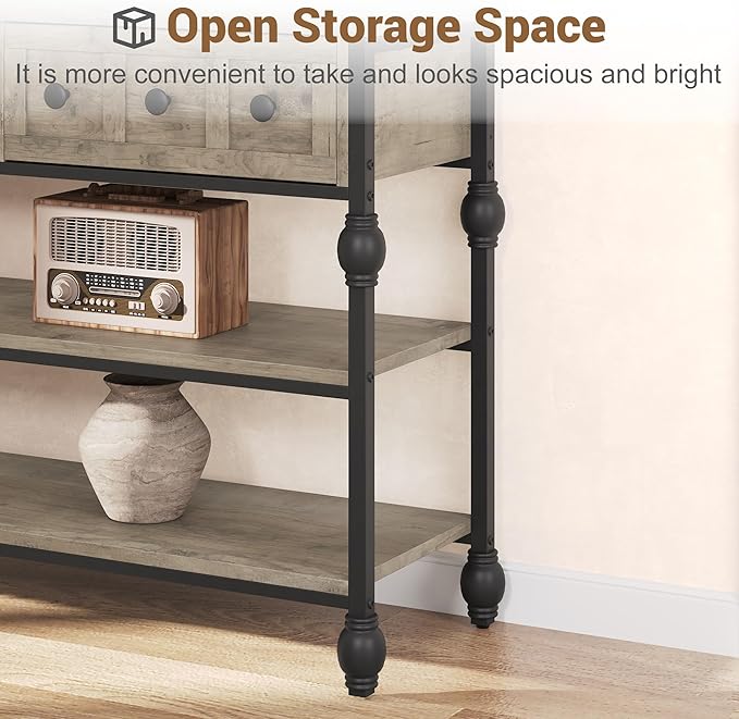 GarveeHome 52" Console Table, Entryway Table with 3 Storage Drawers, 3 Tier Industrial Metal Sofa Table, Behind Couch Table, Hallway Table for Entry, Living Room-Grey