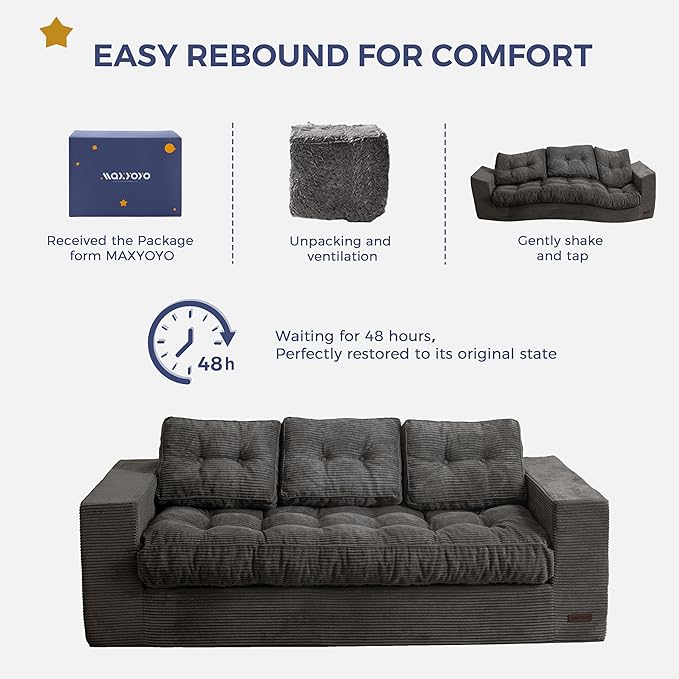 MAXYOYO 3 Seater Couch for Living Room, Boneless Couch with Tufted Cushion & Backrest, Upholstered Floor Sofa with Armrests, Sofa in A Box, No Assembly Required, Dark Grey