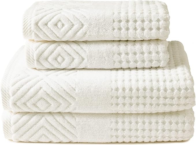 Texere 100% Organic Cotton Diamond Jacquard 700 GSM Luxury Bath Towel Sets - Ultra Soft and Absorbent Hotel and Spa Quality (Diamond, Cream, 2 Bath & 2 Hand Towels)