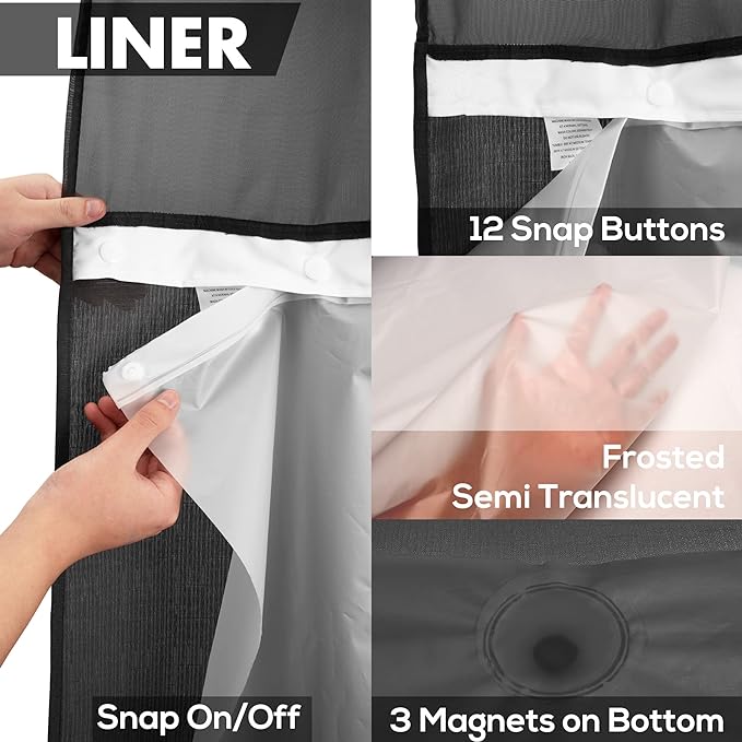 Extra Long No Hook Slub Textured Shower Curtain with Snap-in PEVA Liner Set - 71" x 86"(84"), Hotel Style with See Through Top Window, Black Fabric Curtain & Waterproof Liner, Black, 71x86