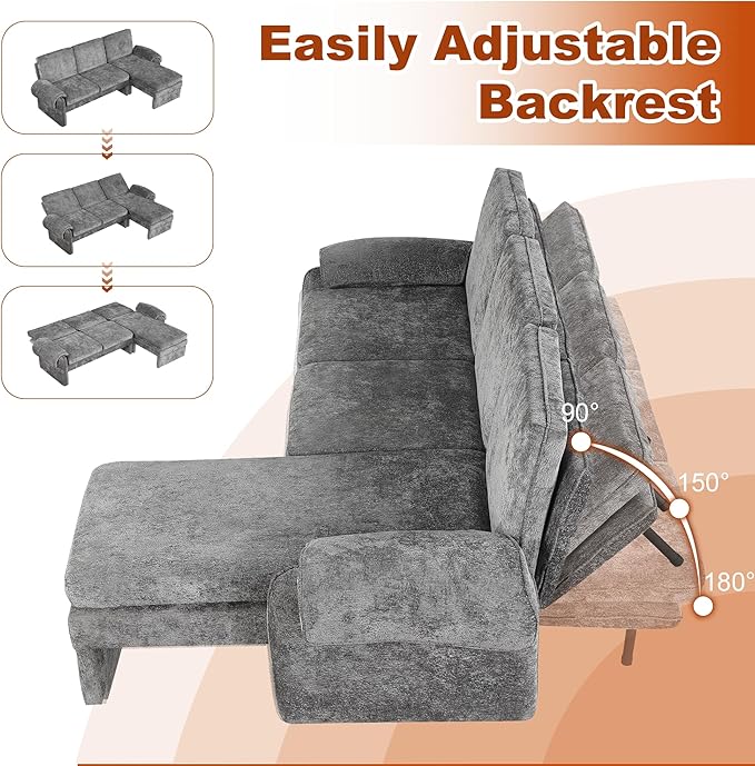 94.1" Sectional Couch, Convertible Futon Sofa Bed with Reversible Chaise Lounge, Sectional Couches for Living Room and Office, Grey