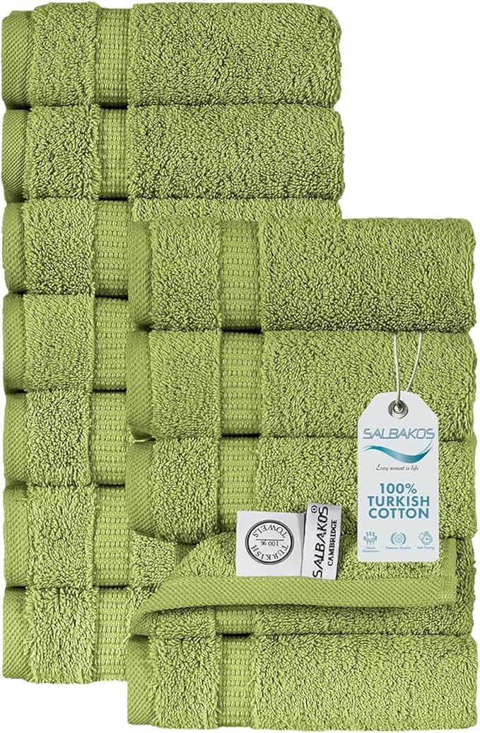 SALBAKOS 100% Turkish Cotton Washcloth Set of 12 13x13 inch | Heirloom Quality | Hotel & Spa Collection | Ultra Soft, Super Absorbent, Washcloth Towels | Made in Turkey (Green, 12 Washcloths)