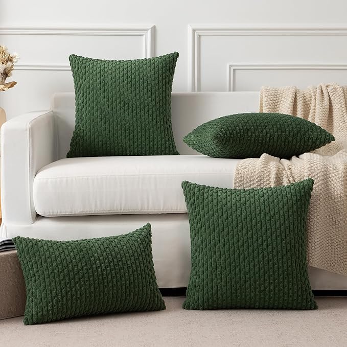 Kevin Textile Pack of 2 Corduroy Decorative Throw Pillow Covers 26x26 Inch Soft Boho Striped Pillow Covers Modern Farmhouse Home Decor for Spring Sofa Living Room Couch Bed Dark Green
