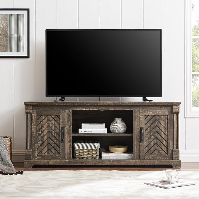 Farmhouse TV Stand for 65+ Inch TV, 25" Tall Entertainment Center with Barn Door, Rustic TV Stands for Bedroom with Adjustable Shelf, Wooden TV Consoles for Living Room, Dark Rustic Oak