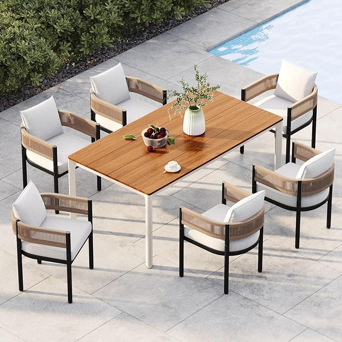 Grand patio 7-Piece Outdoor Dining Set for 6, Metal Woven Wicker Fixed Patio Chairs with Thickened Cushions & 1 Walnut-Like Aluminum Dining Table with Umbrella Hole for Backyard Deck