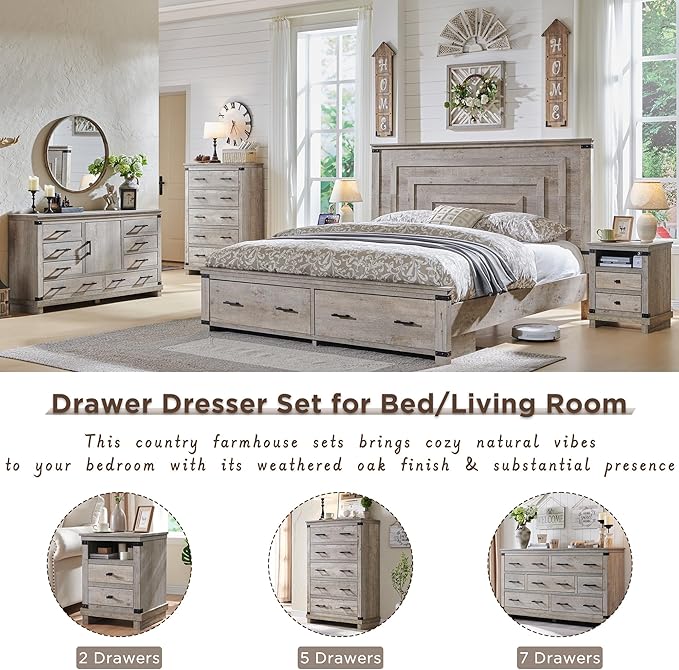 T4TREAM Farmhouse 8 Drawers Dresser for Bedroom, 54" Wide Wood Chest of Drawers w/Storage Cabient & Adjustable Shelf, Rustic Dressers Organizer for Living Room, Hallway, Light Rustic Oak