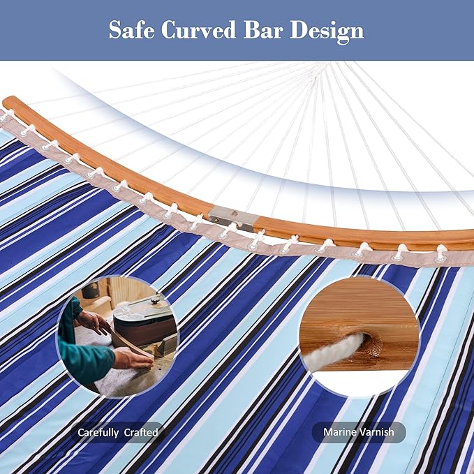 SUNCREAT Portable Hammock with Carrying Bag, 2 Person Hammock with Curved Spreader Bar, Blue Stripes