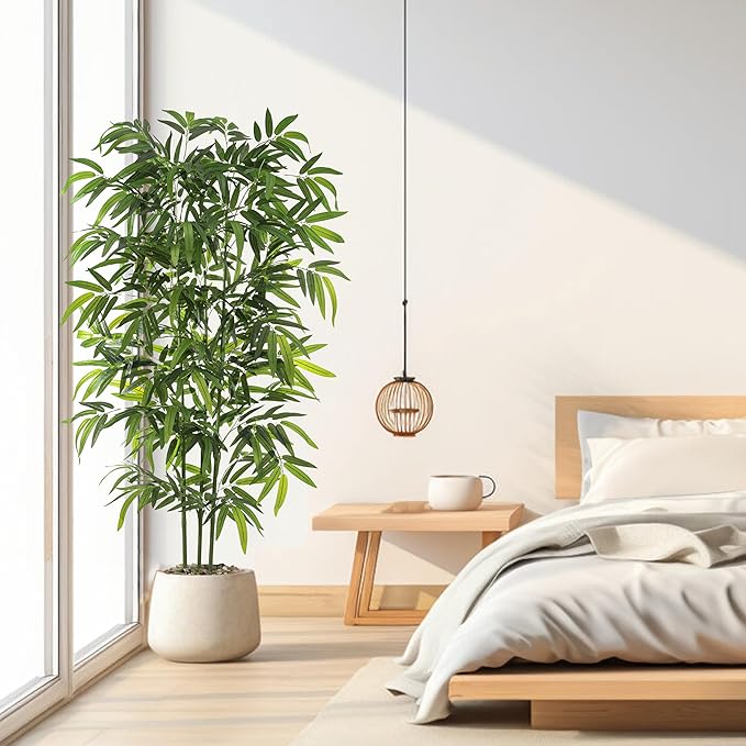 Artificial Tree Fake Plants, Artificial Bamboo Tree 5FT Tall in Black Potted, Artificial Tree Indoor Decor Bamboo Silk Tree with Natural Wood Trunk, for Home Office Living Room Modern